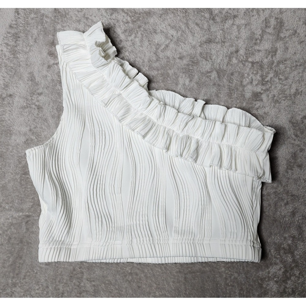 One Shoulder Ruffle Textured Tank Size Medium Preppy Vacation - Picture 3 of 6
